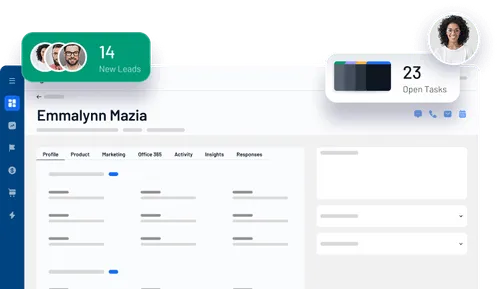 Dashboard interface showing user profile, new leads count, open tasks, and contact details for Emmalynn Mazia