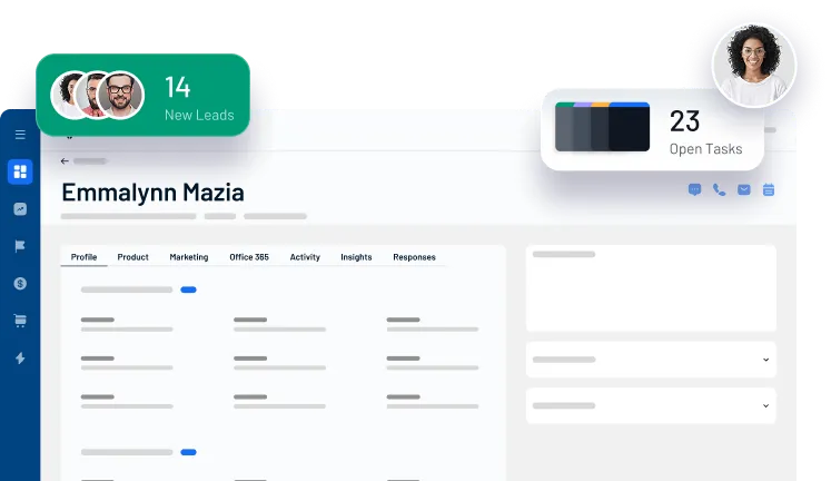 Dashboard interface showing user profile, new leads count, open tasks, and contact details for Emmalynn Mazia