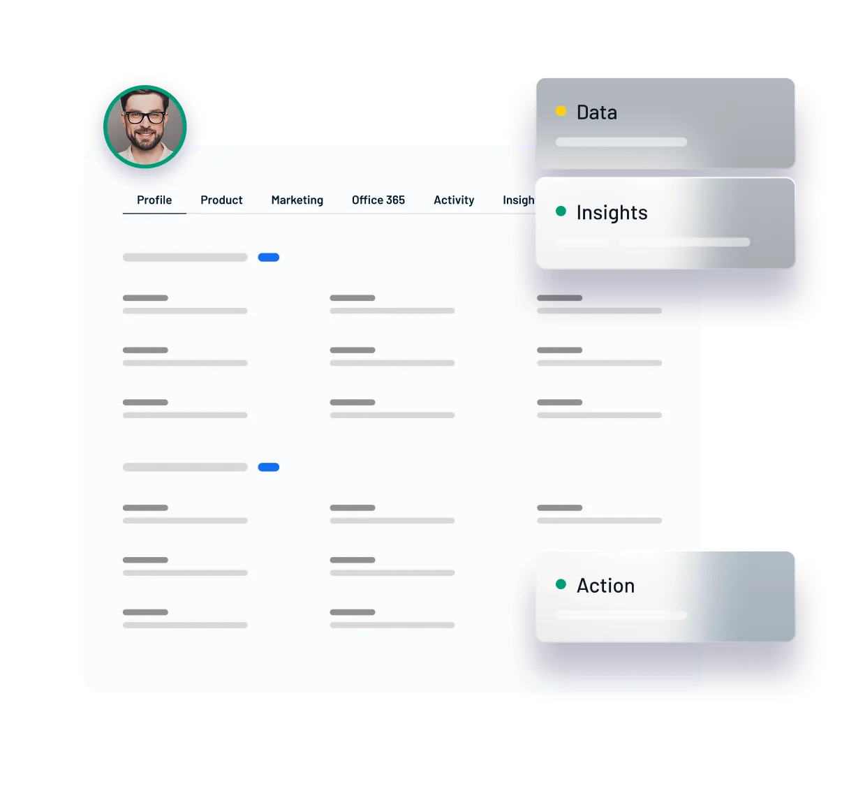 Dashboard displaying customer data columns with user profile photo and floating notifications for deals, insights, and nurture actions