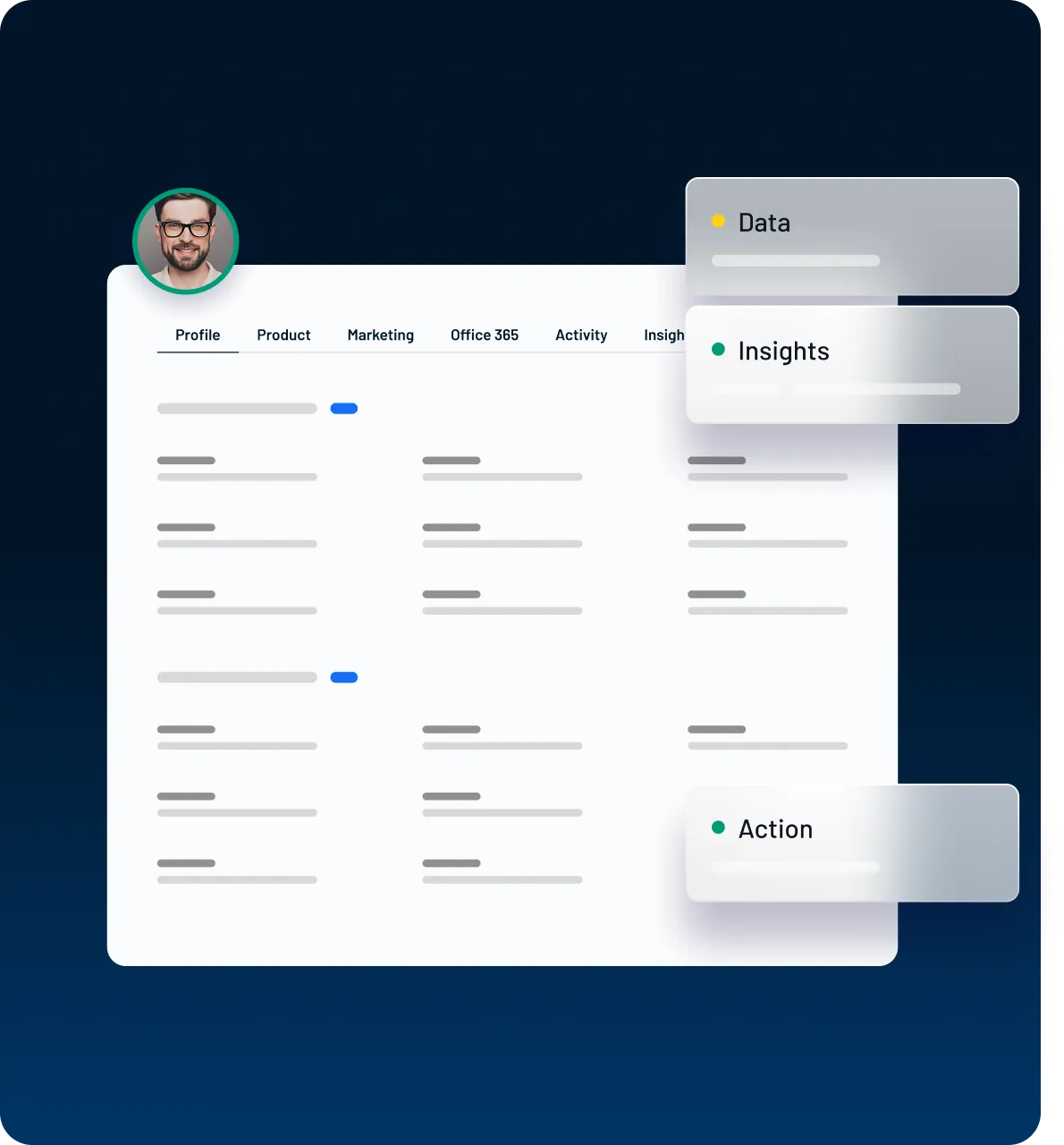 Dashboard showing customer data table with tabs, user profile photo, and floating notifications for data, insights, and to-dos