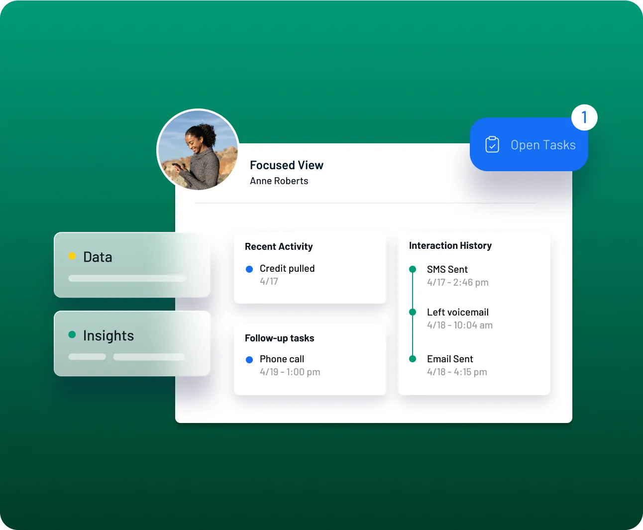 Customer profile dashboard displaying user photo, account details, relationship status, interaction history, and data and insights modules