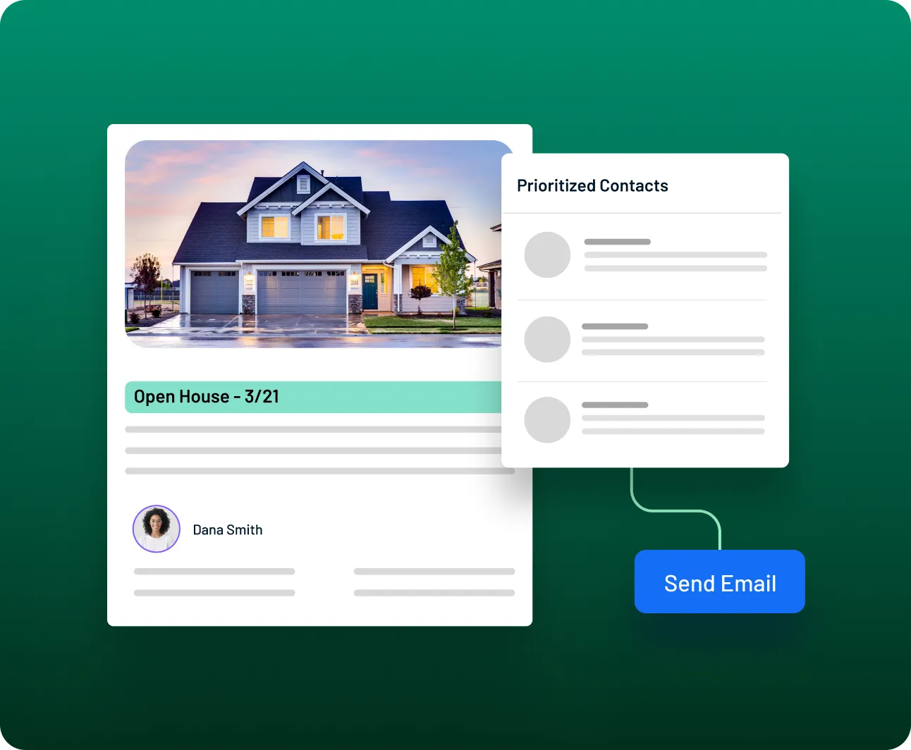 Real estate listing card showing an open house property with agent profile, prioritized contacts list, and a send email button.