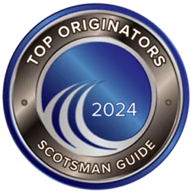 Top Originators 2024 badge from Scotsman Guide with blue and silver circular design.