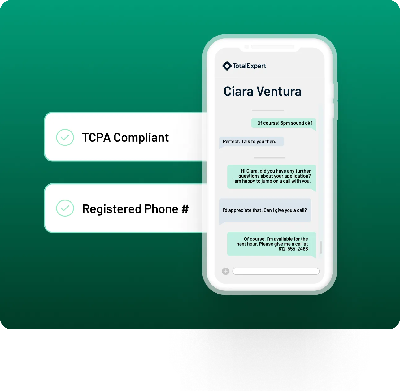 Mobile screen showing client text messages for Ciara Ventura, with indicators for TCPA compliance and registered phone number