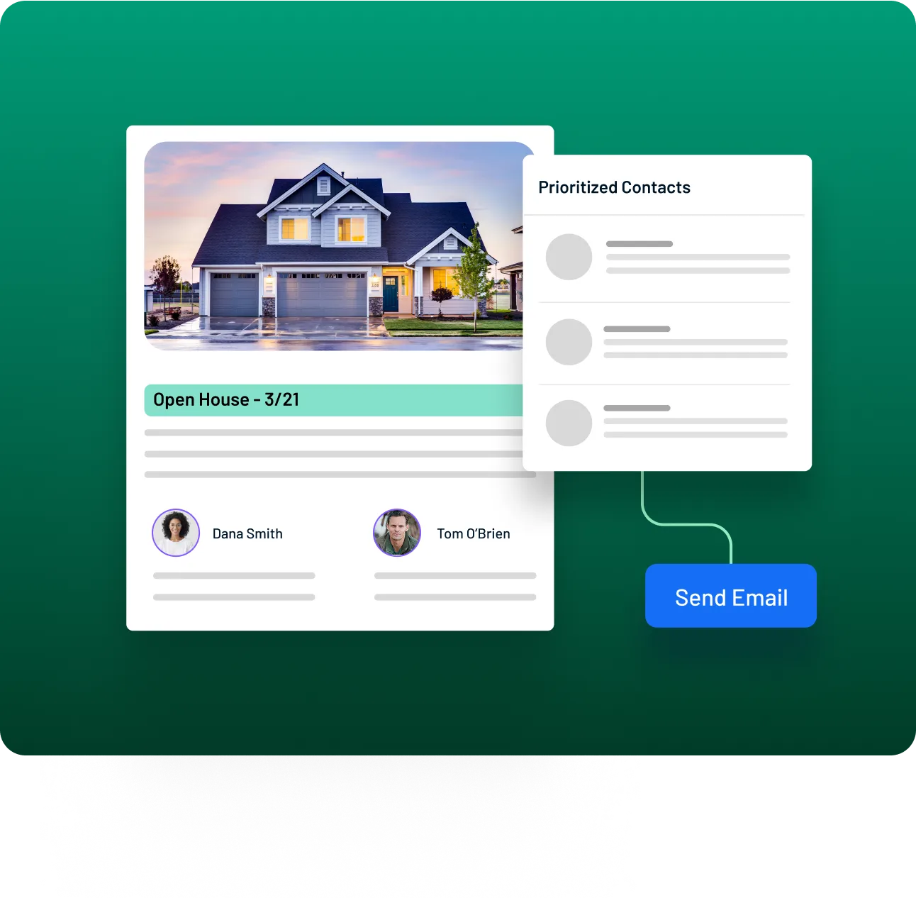 Real estate listing card showing a house photo, agent profiles, partner collaborators, and a connect button