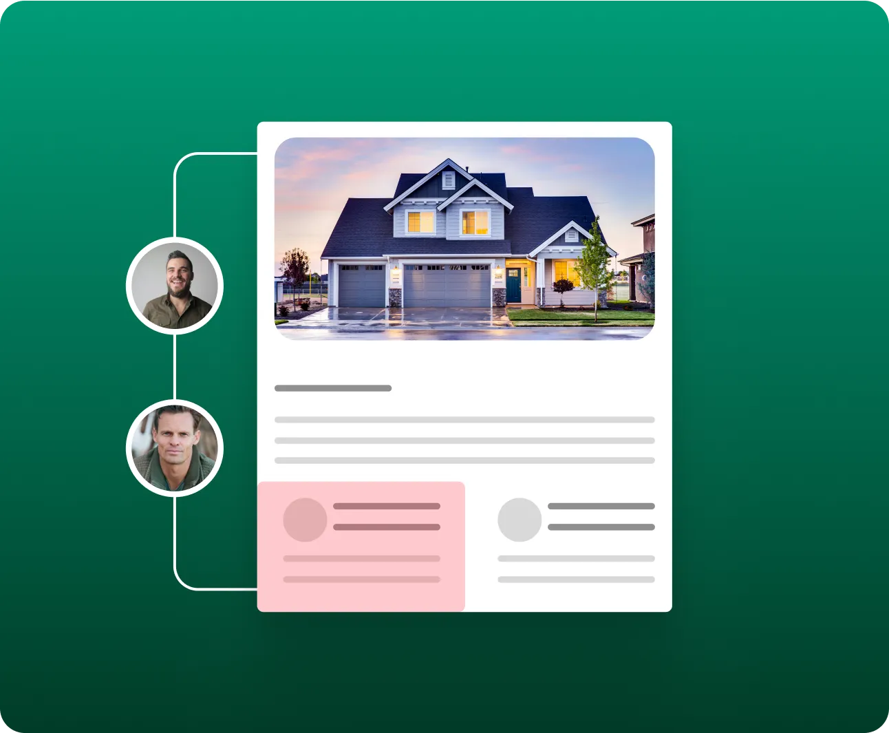 Real estate listing card showing a house image, agent profile photos, and highlighted property details