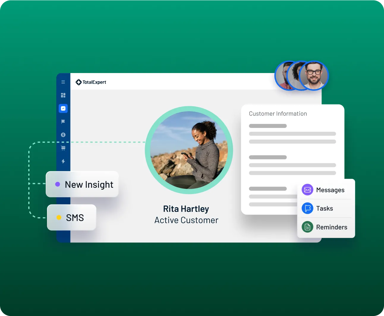 Customer profile dashboard for Rita Rothray showing new insights, SMS notifications, customer details, and team member icons with message, task, and reminder options