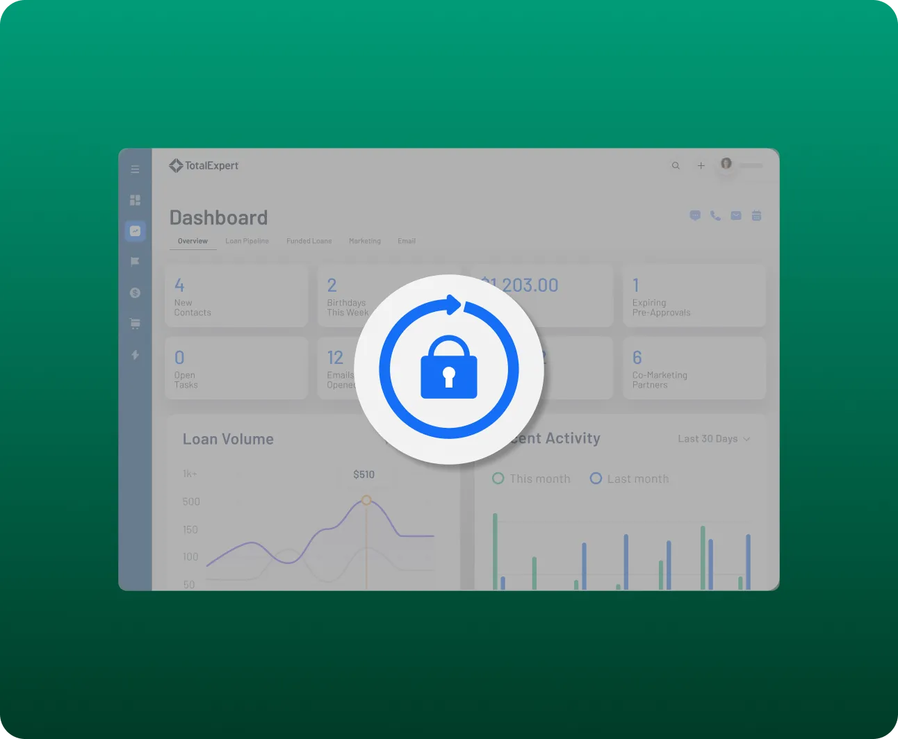 Dashboard with security overlay showing a blue lock icon, indicating protected or secure access to data and analytics