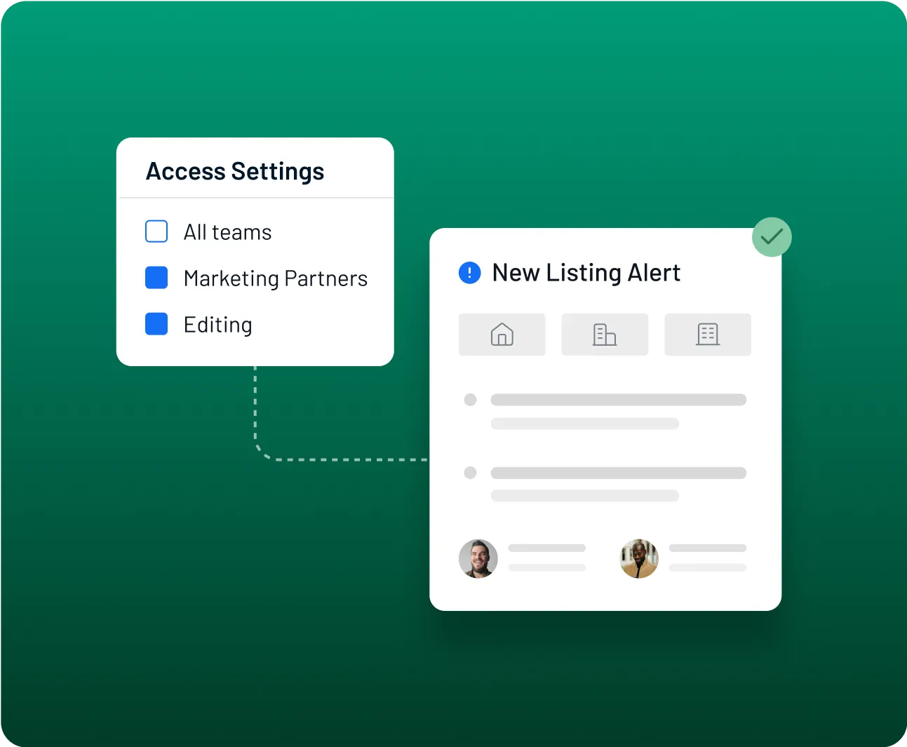 Access settings panel showing options for all teams, marketing partners, and billing, connected to a new real estate listing draft with user profiles