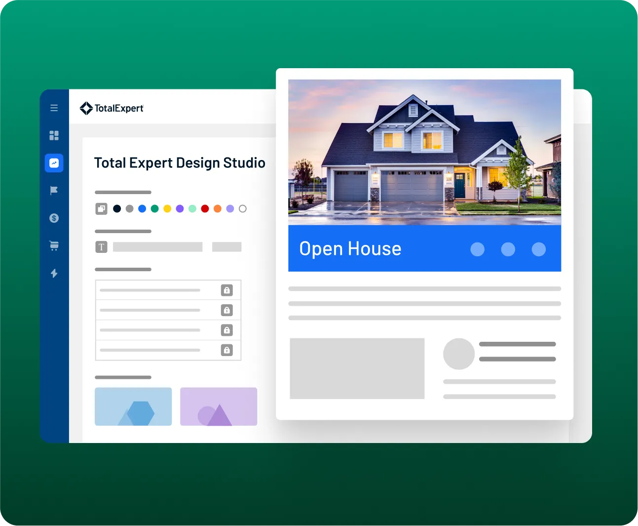 Real estate dashboard showing a new listing card with property image, open house details, and campaign settings panel.