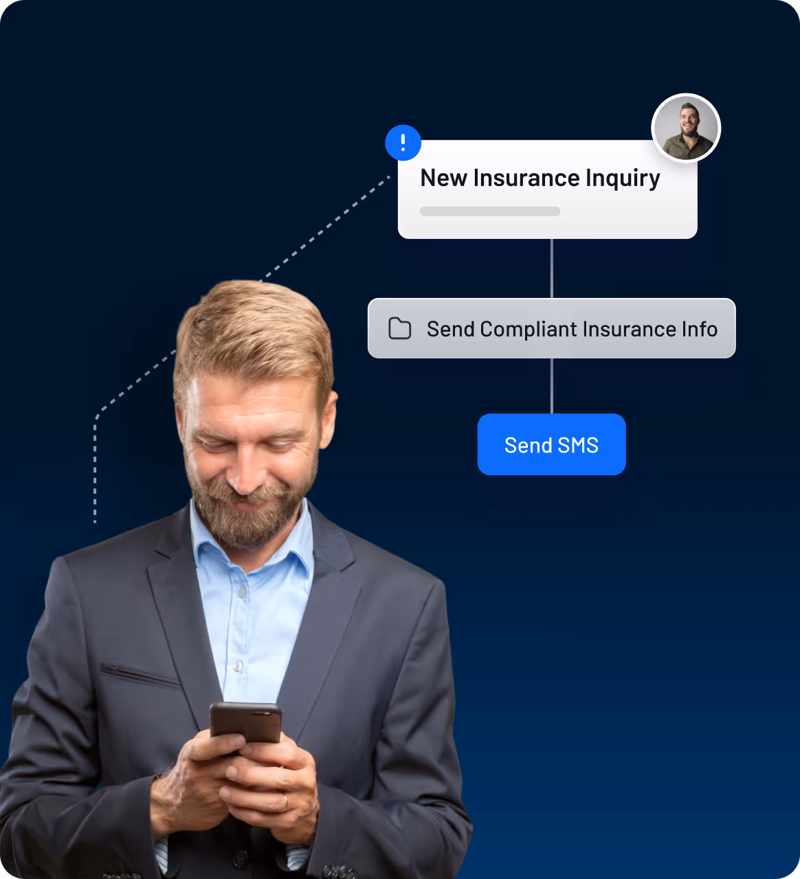 Man in business attire looking at his phone, with interface elements showing new insurance inquiry, complaint insurance info, and send SMS option, plus user profile photo.