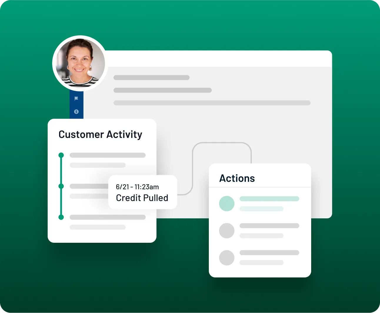 Customer profile dashboard showing user photo, customer activity summary including credit report, and an actions panel with task options.