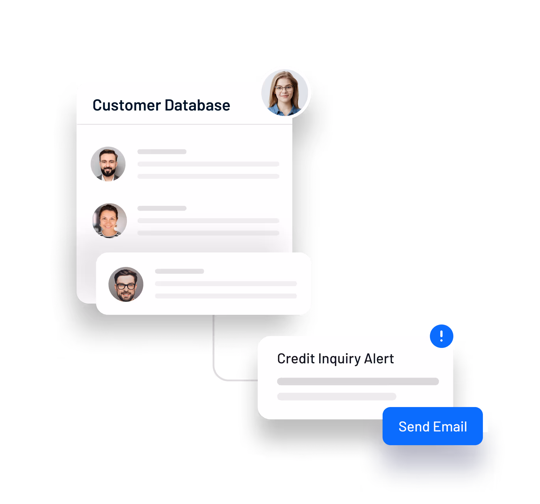 Customer database interface showing user profiles, credit inquiry alert, and option to send email