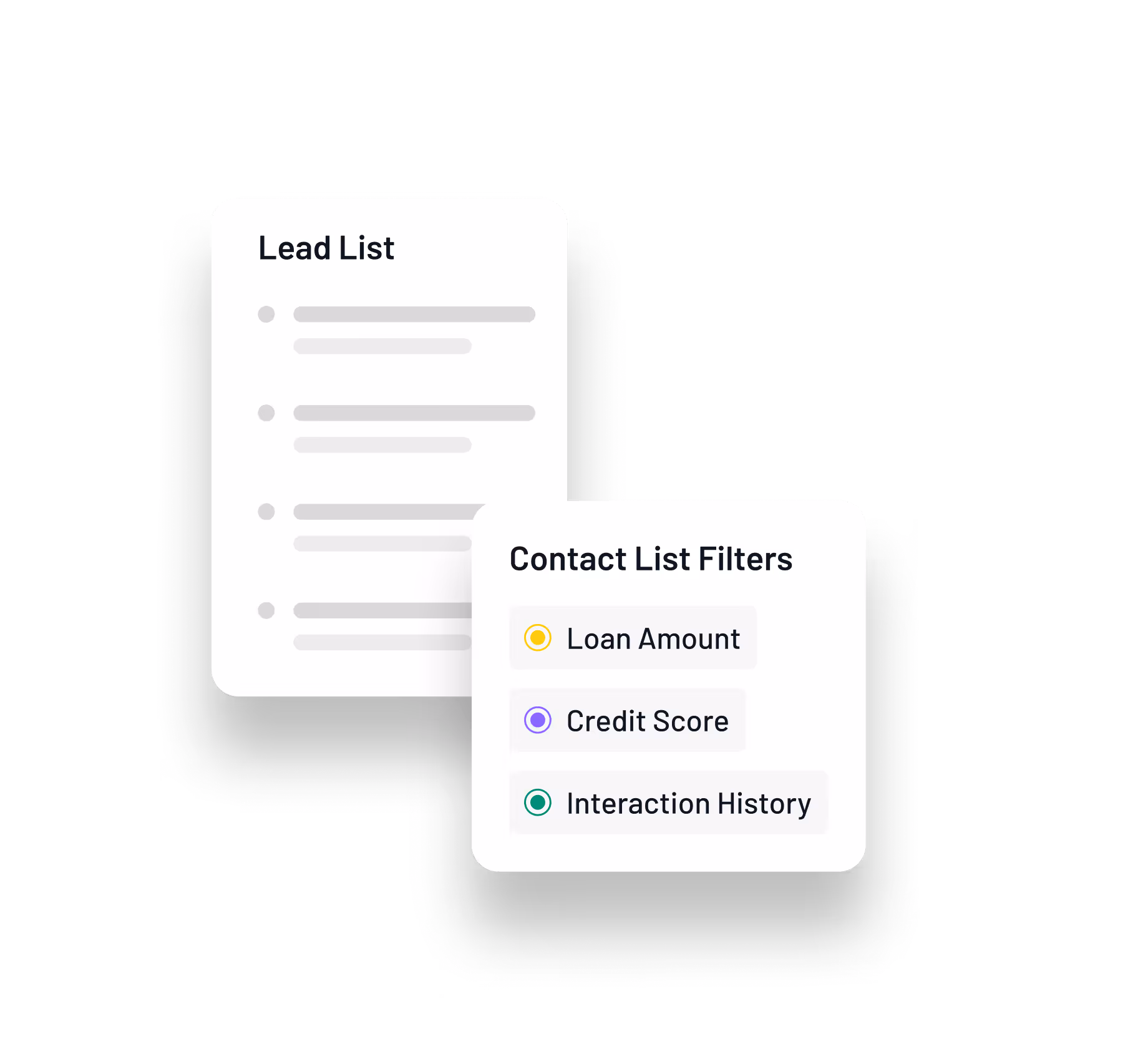 Lead list interface with contact list filters for loan amount, credit score, and interaction history