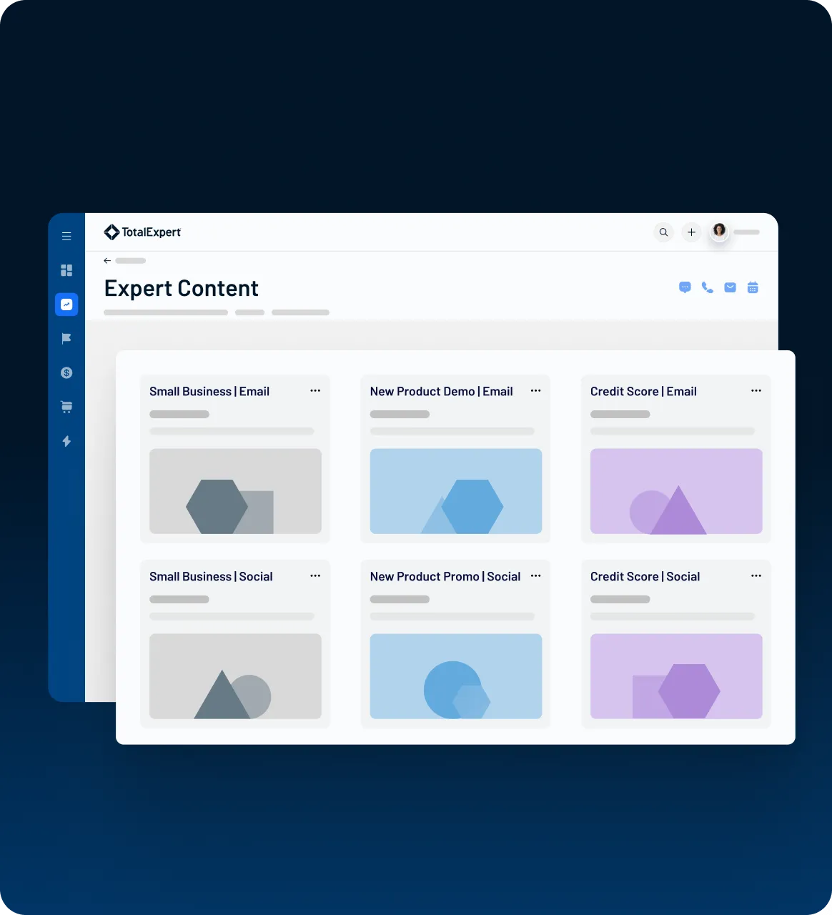 Dashboard displaying example cards with templates for campaigns, communications, or workflows