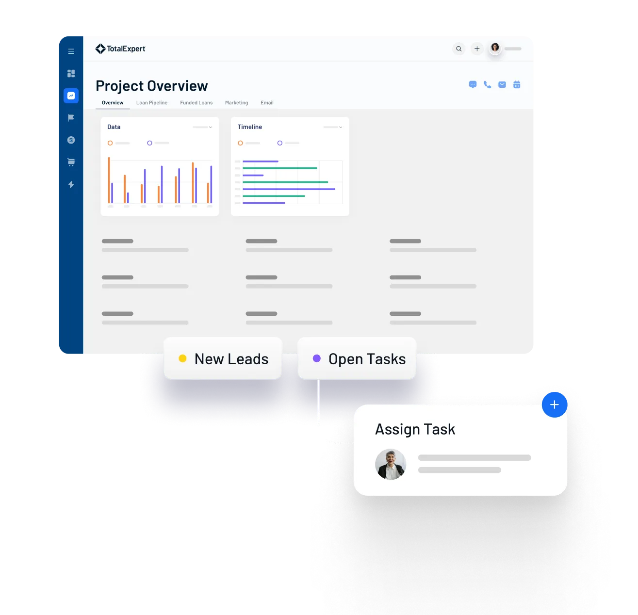 Dashboard with prospect overview showing charts, insights, and customer details, with highlighted options for new leads, open tasks, and assigning tasks
