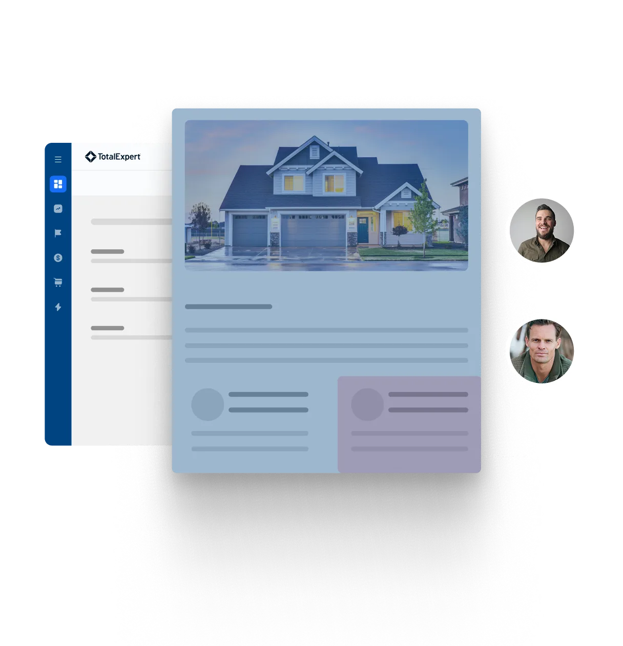 Real estate dashboard showing a property listing with house photo and agent profile photos connected