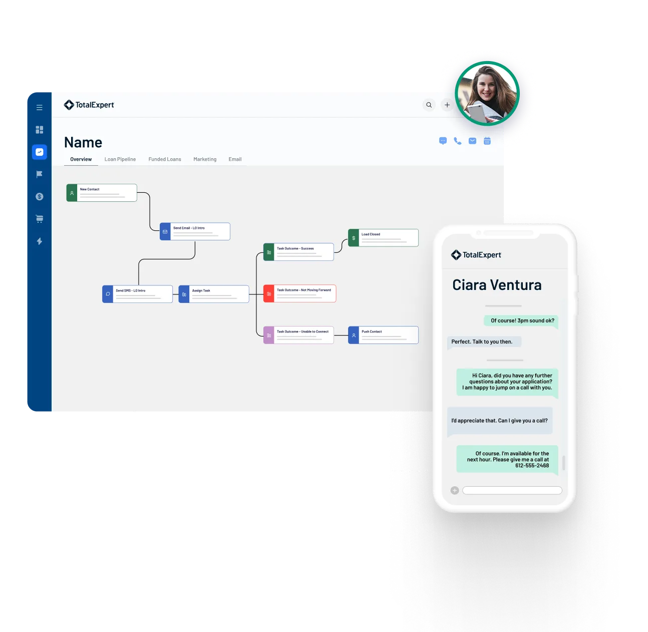 Dashboard showing a workflow diagram alongside a mobile screen with customer outreach options and user profile photo