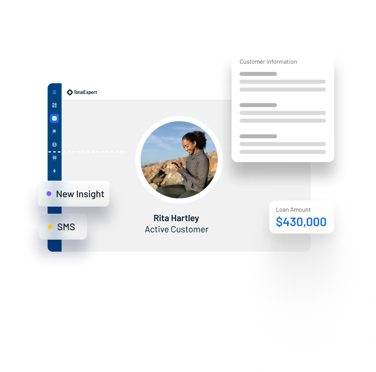 Dashboard profile view showing customer photo, key insights, notes, and loan amount details