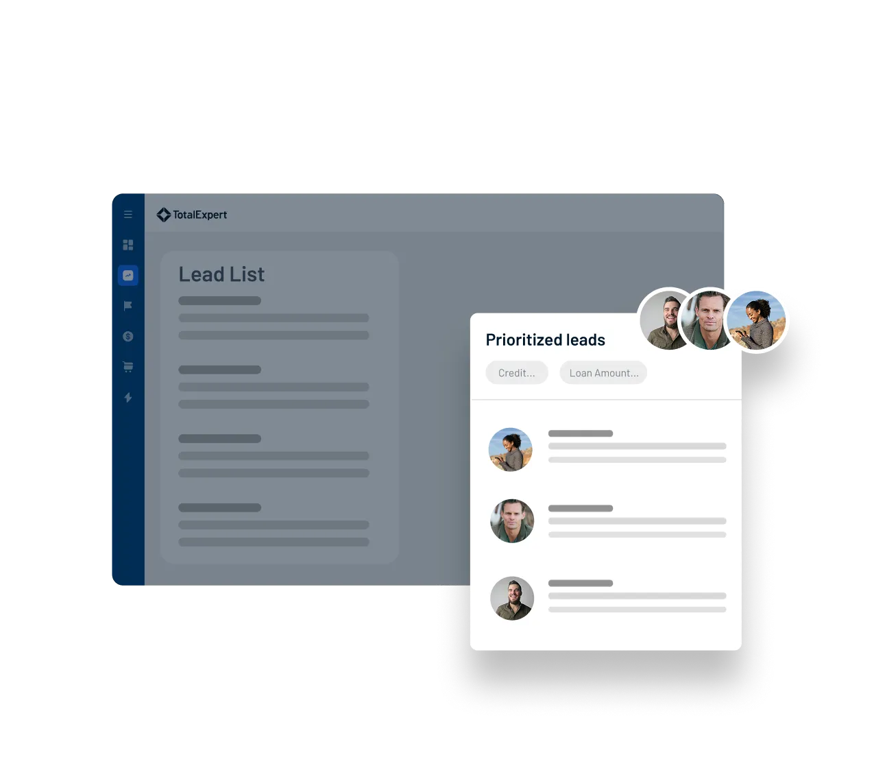 Dashboard showing lead details and a prioritized tasks panel with user profile photos