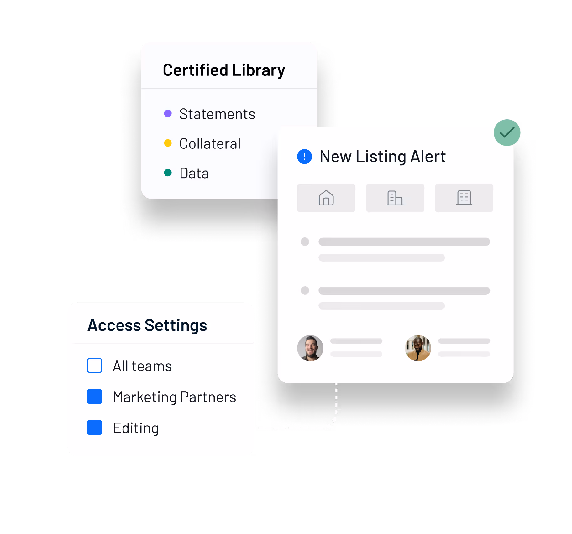 Dashboard showing content library with documents, collateral, and data, alongside a new listing alert and access settings for teams