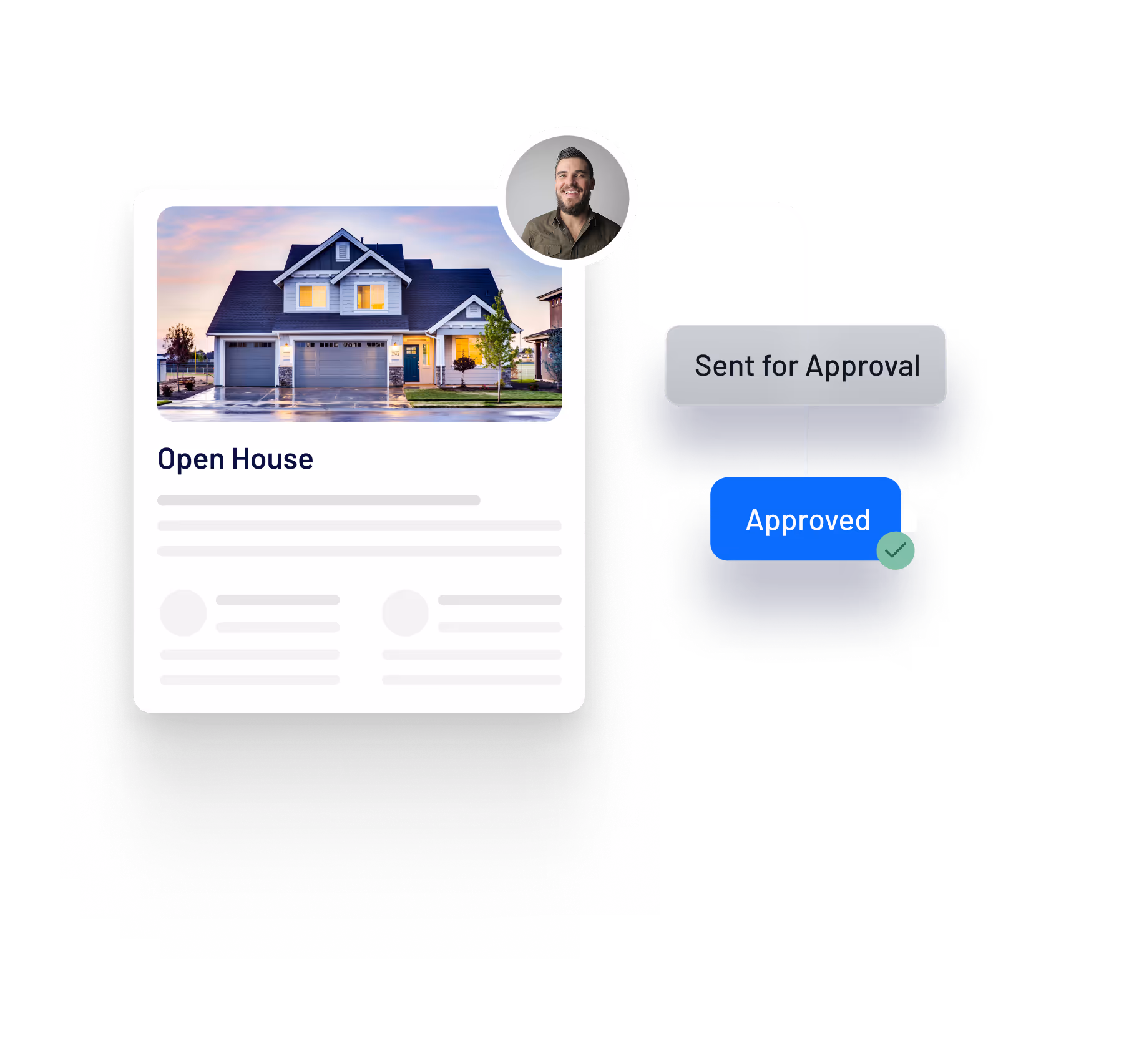 Open house listing with property photo, agent profile, and workflow steps for sending for approval and final approval