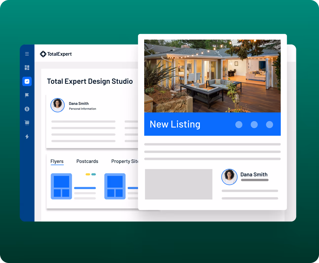 Real estate dashboard showing a new listing card with property image, open house details, and personalized lender contact information.