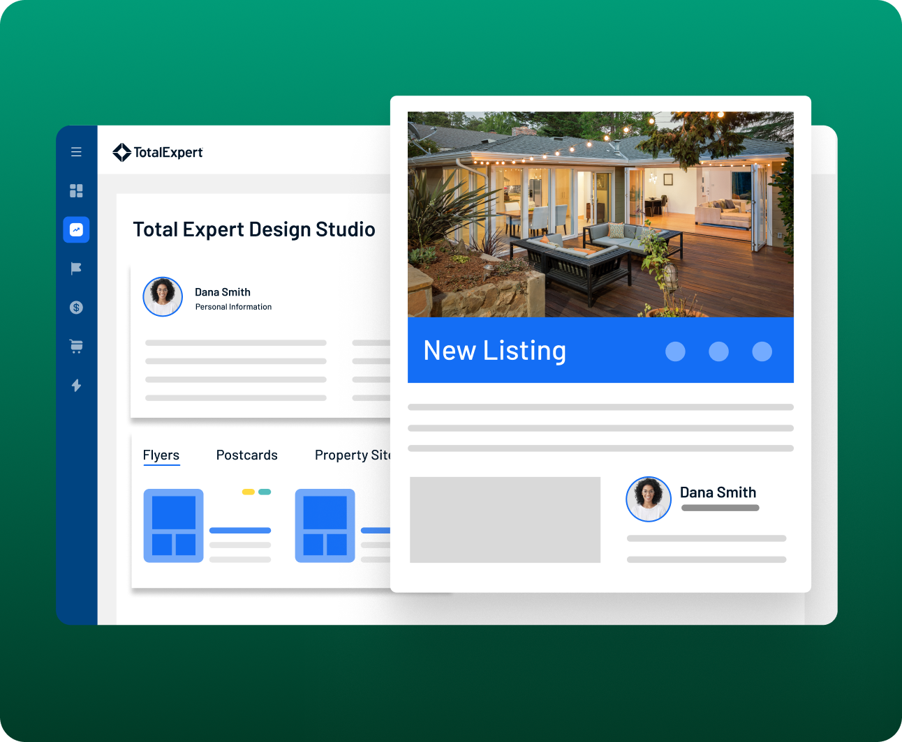 Real estate dashboard showing a new listing card with property image, open house details, and personalized lender contact information.