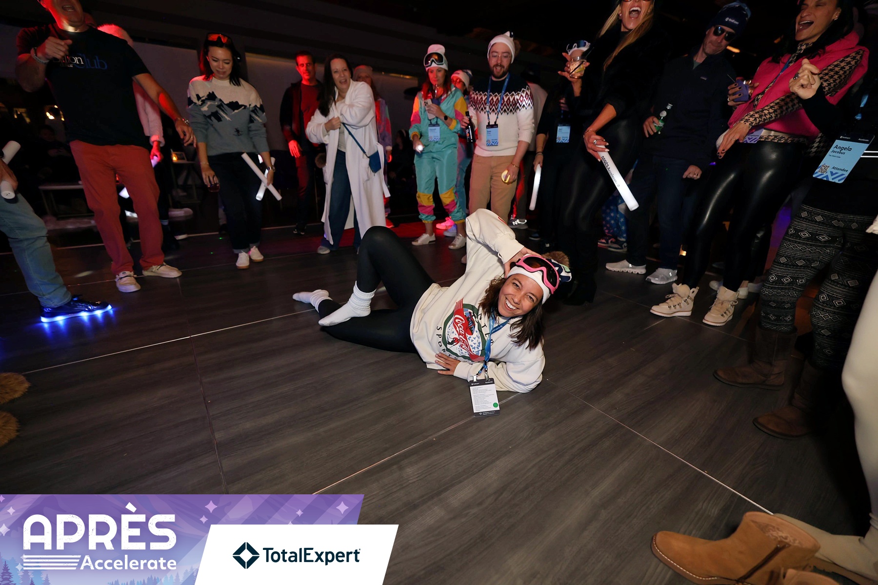 Woman striking a pose on the dancefloor during the apres Accelerate party.