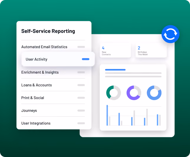 Dashboard interface showing self-service reporting menu and user activity charts and stats.