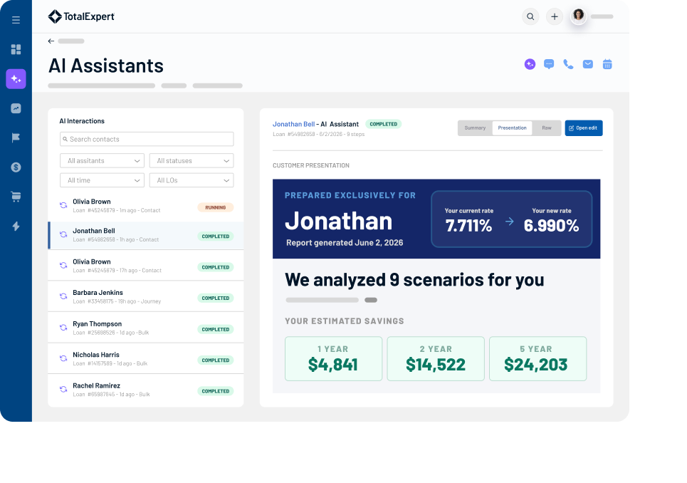 AI Assistants dashboard showing loan analysis for a customer with estimated savings over 1, 2, and 5 years.