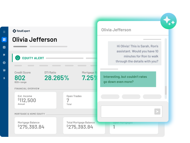 Mortgage dashboard for a customer showing an equity alert, credit score, mortgage rate and a sms text conversation between the customer and lender.