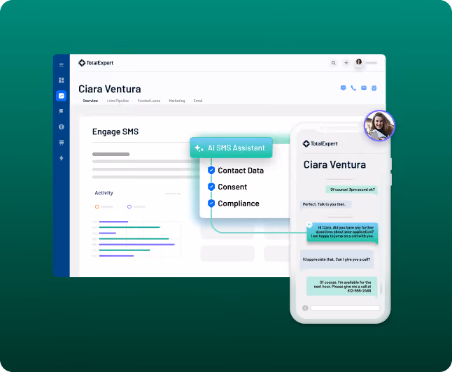 Screenshot of AI SMS Assistant managing contact data, consent, and compliance with chat on mobile view.