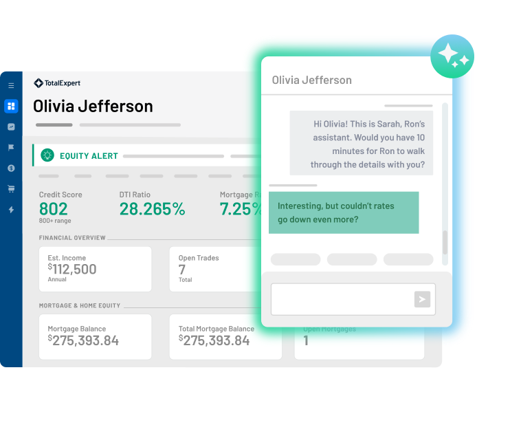 Dashboard showing an equity alert for a customer and a chat with an AI Assistant about mortgage rates.