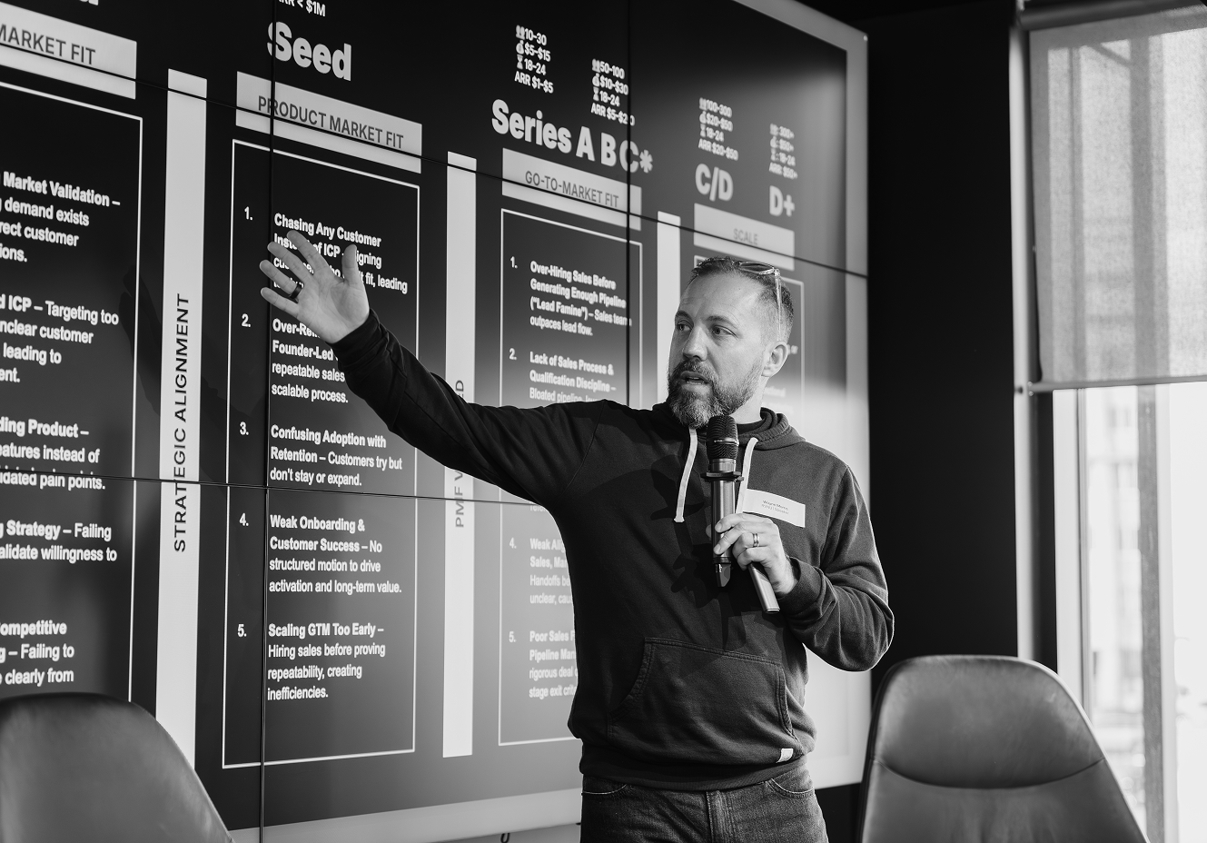 Black and white photo of Wayne Morris from RVNU is giving a presentation on GTM Debt