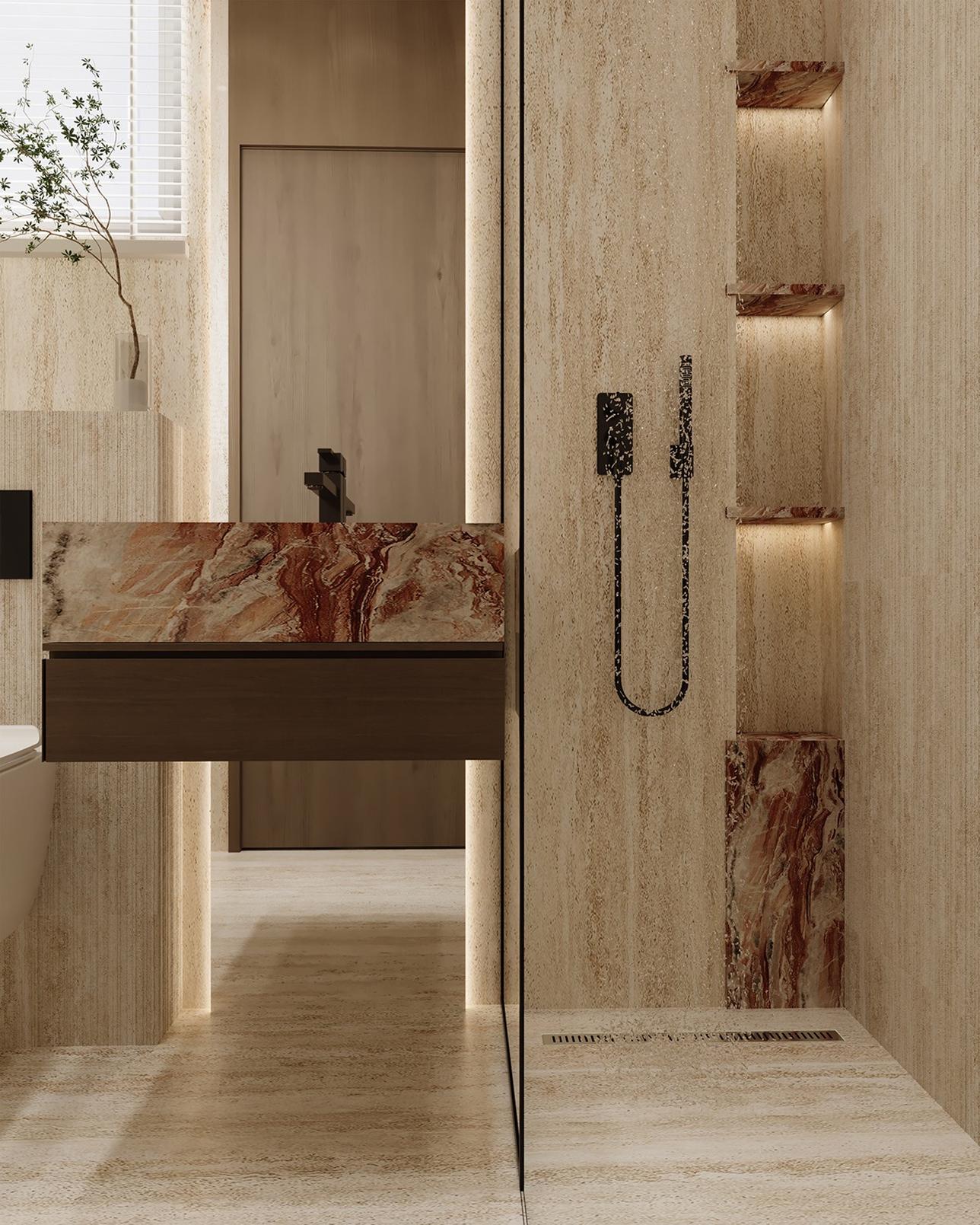 Onyx-finish marble basin centerpiece, renovated New Delhi bathroom