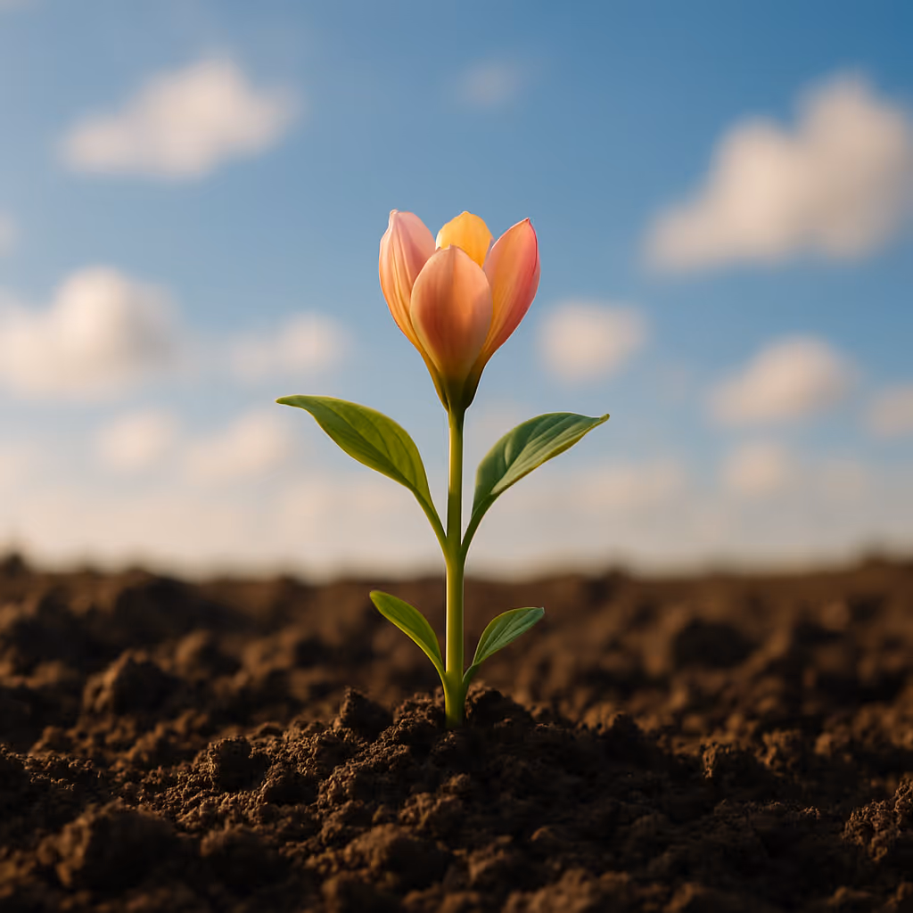Single flower sprouting from soil under a blue sky – symbol of growth, renewal and hope.