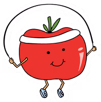 Cartoon red apple with a smiling face and green leaf jumping rope.