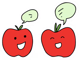 Two red apples with happy faces, each with a green speech bubble above them.