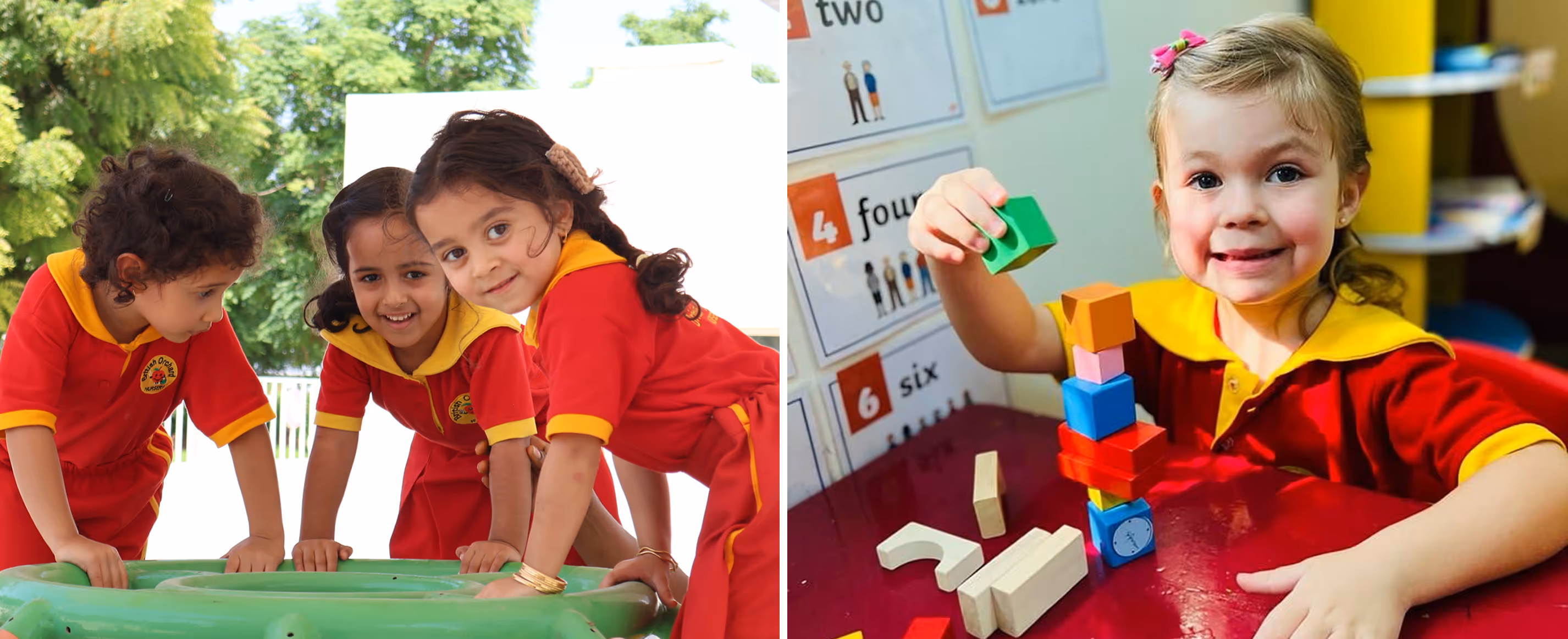 Three young children in red and yellow uniforms playing outside, and one child indoors smiling while stacking colorful blocks.