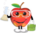 Smiling red apple character wearing red safety goggles and white gloves, holding a lab flask and a bottle of green liquid, dressed in white shoes.