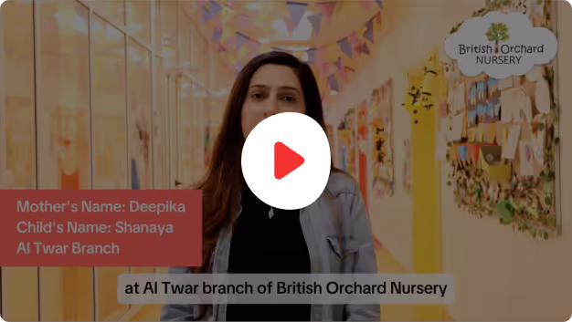 Woman standing in a colorful hallway of British Orchard Nursery with text overlay showing mother's name Deepika, child's name Shanaya, and Al Twar branch.
