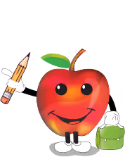 Cartoon red apple with eyes, smiling mouth, arms holding a pencil, and legs wearing shoes standing next to a green backpack.