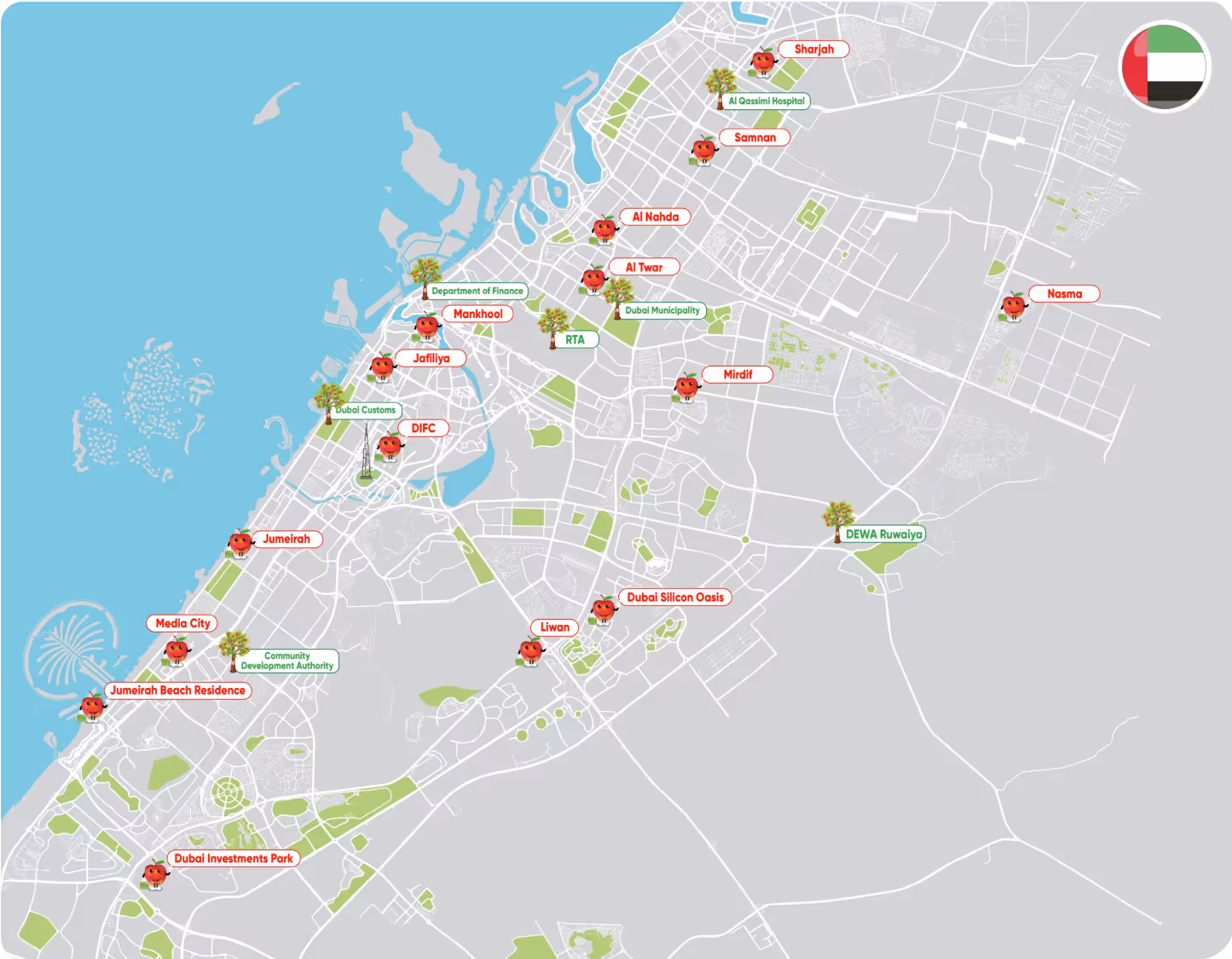 Map of Dubai with marked locations including Jumeirah, Media City, DIFC, Mankhool, Al Nahda, and Dubai Silicon Oasis.