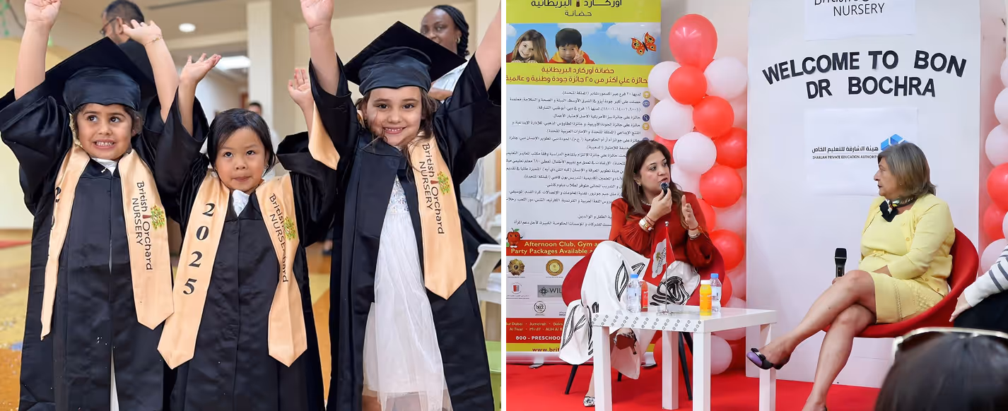 Three young children in graduation caps and gowns raising their hands on the left, and two women seated and speaking in a panel discussion on the right with a welcome sign and balloons behind them.