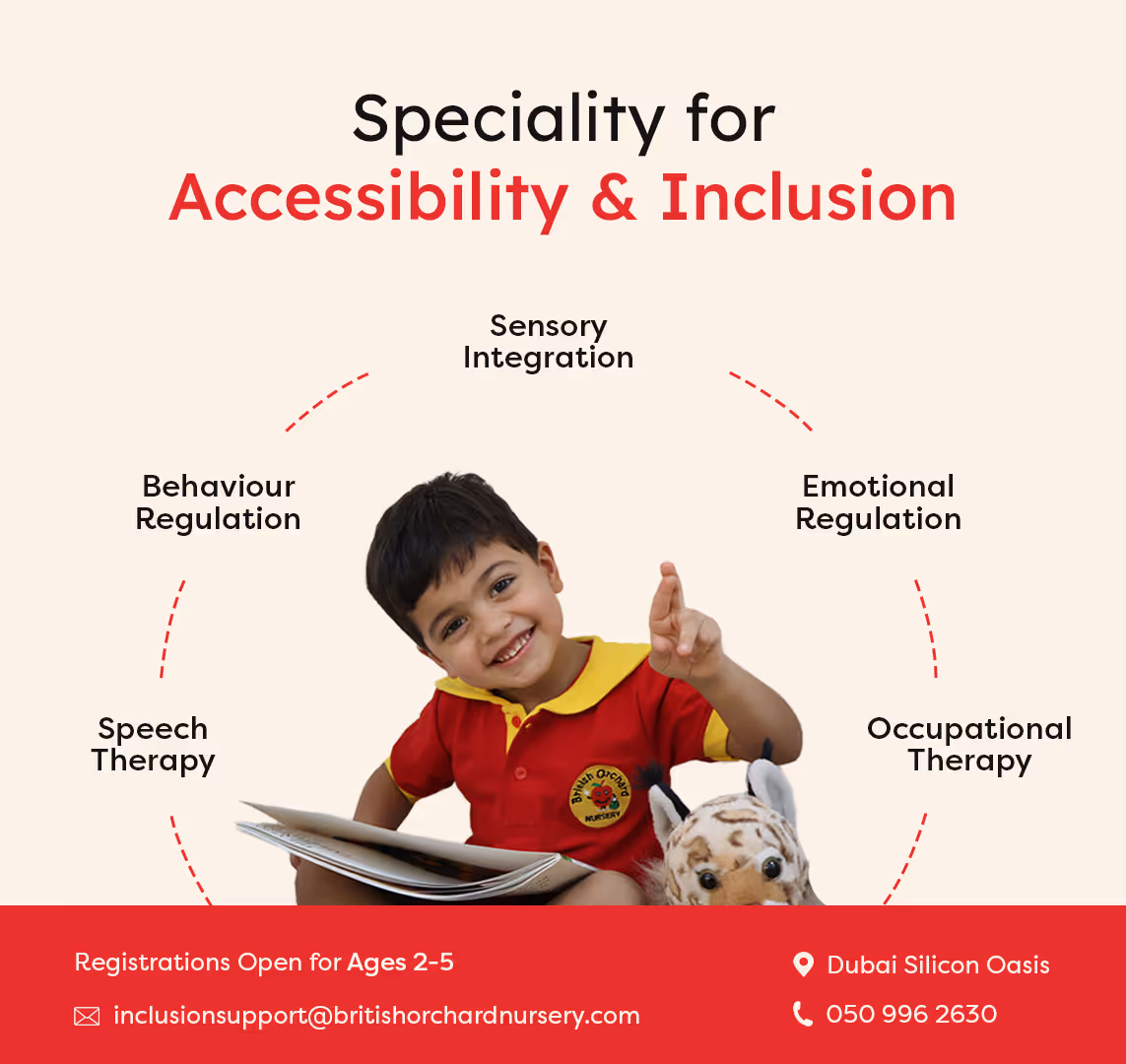 Smiling young boy in a red and yellow shirt holding a book and stuffed animal, surrounded by text listing specialties for accessibility and inclusion such as sensory integration, behaviour regulation, emotional regulation, speech therapy, and occupational therapy, with registration and contact information at the bottom.