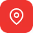 White map location pin icon on a red circular background.