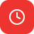 White clock icon on a red circular background.