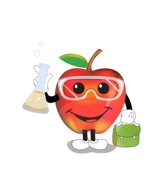 Cartoon red apple character wearing goggles, holding a bubbling chemistry flask in one hand and a green backpack in the other.