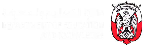 Emblem with a falcon and Arabic text, alongside English text reading Department of Education and Knowledge.